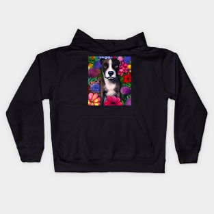 Pitbull Mix Dog Puppy Whimsical Portrait Hiding in Wildflowers Secret Garden Digital Art Watercolor Painting Kids Hoodie